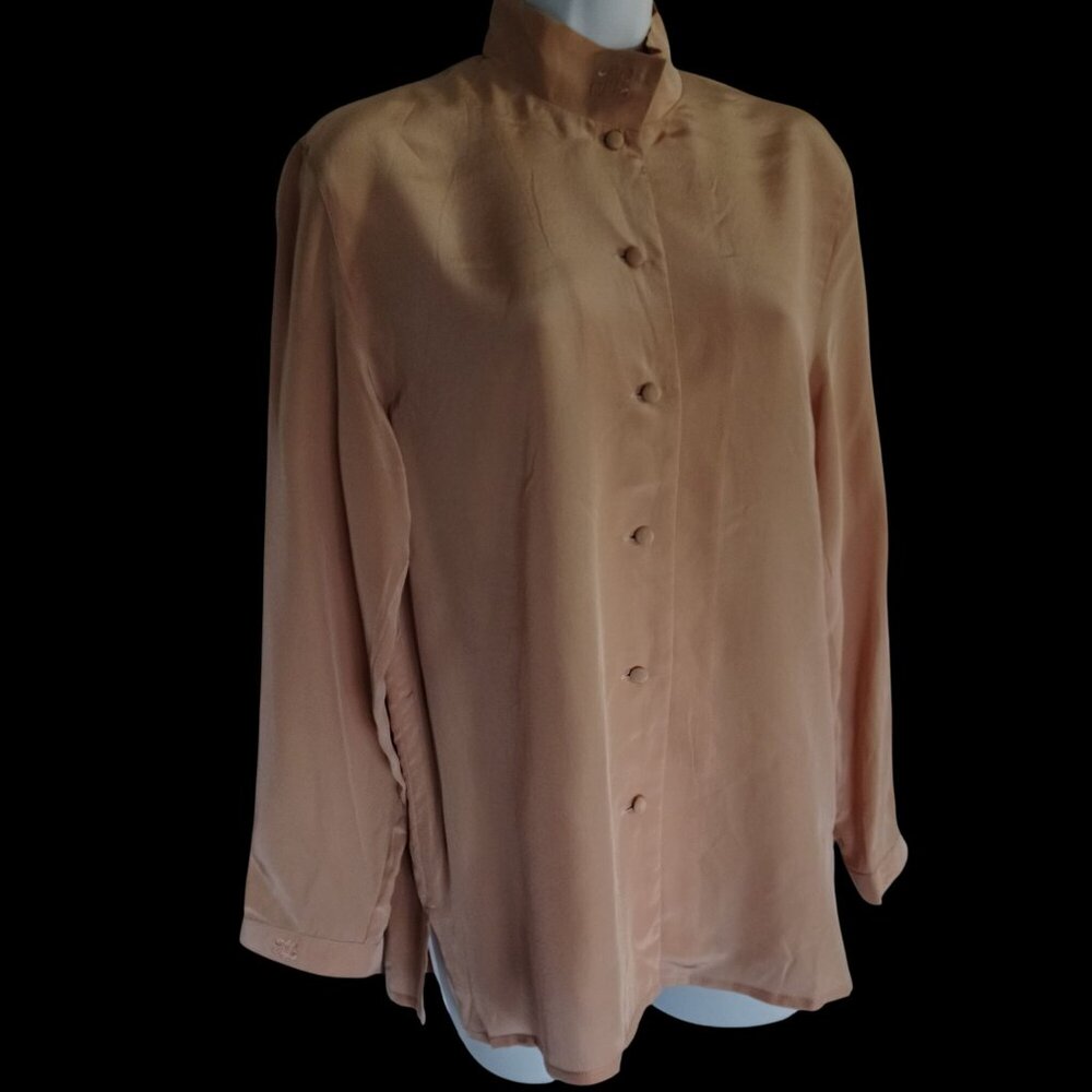 Vintage Flamingo Salmon Blouse Monogram Mandarin Collar Quiet Luxury Wms Sz S/M